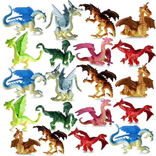 Bedwina Mini Dragon Toy Figures - 2 Inch Plastic Rubbery Dragon Figurines in Assorted Colors and Styles - Kids Toys for Birthday Party Favors, Decorations, Cupcake Toppers and Piñatas